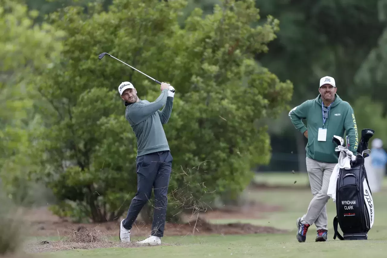Wyndham Clark United States plays a shot on the eighth hole during a practice round prior to the Texas Childrens Houston Open at Memorial Park Golf Course on March2024 in Houston Texas