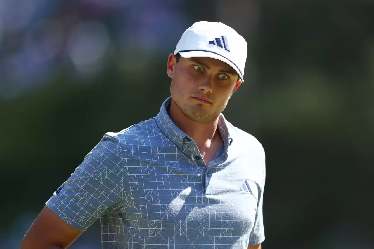 Ludvig Åberg of Sweden reacts after making par on the sixth green during the final round of the 2024 Masters Tournament at Augusta National Golf Club
