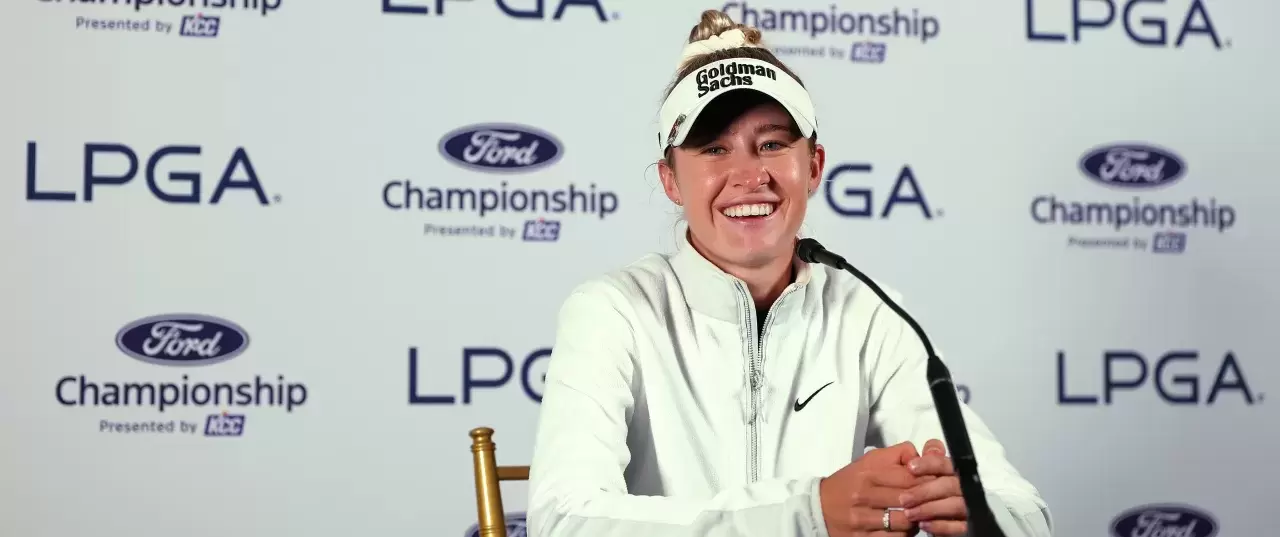 Nelly Korda of the United States speaks with the media after winning the Ford Championship presented by KCC at Seville Golf and Country Club on March 31, 2024 in Phoenix, Arizona