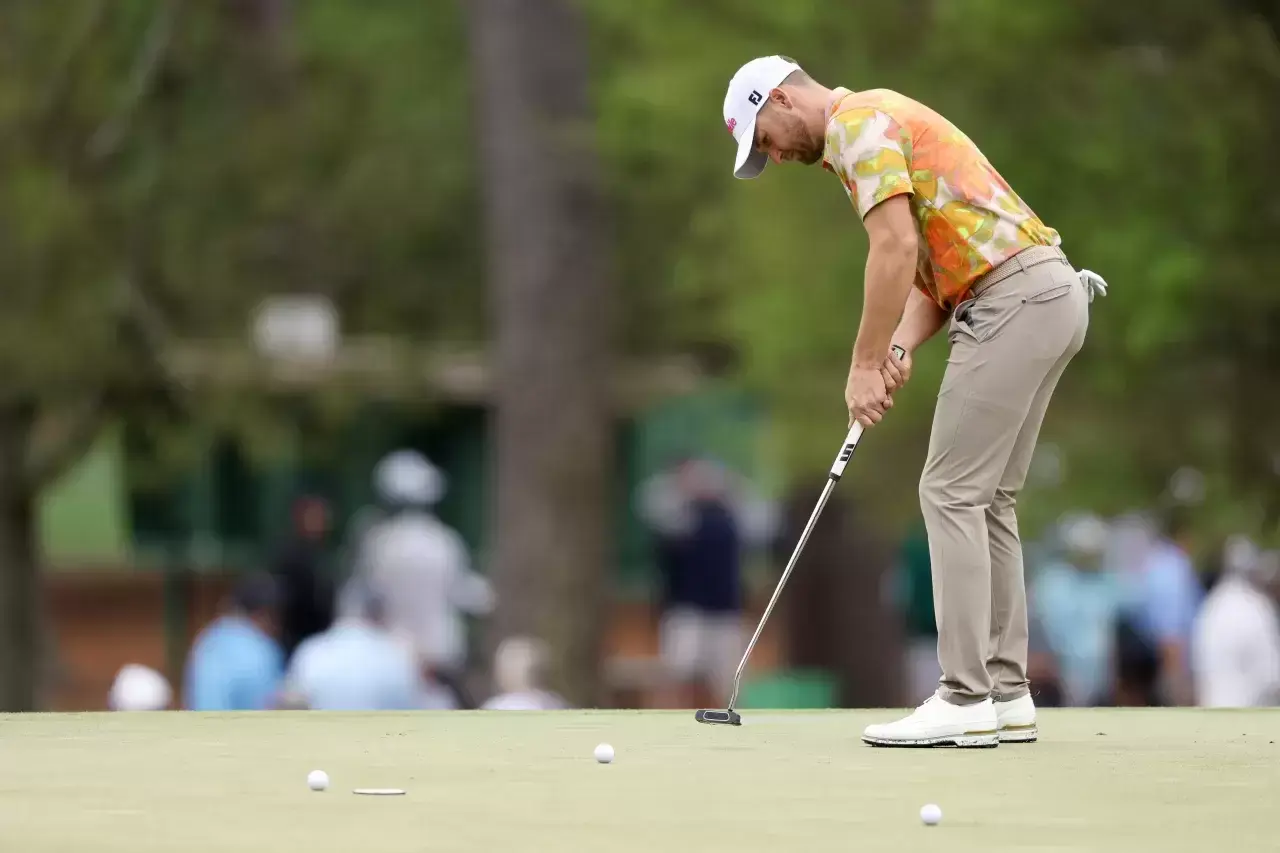 Wyndham Clark of the United States plays his shot on the third green during a practice round prior to the 2024 Masters Tournament at Augusta National Golf Club on April 09