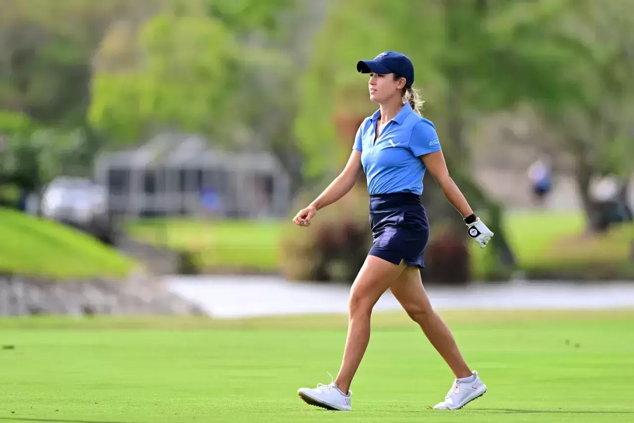 Chiara Tamburlini of switzerland plays her shot on the 18th hole during day three of the Aramco Team Series, Tampa at Feather Sound Country Club on March