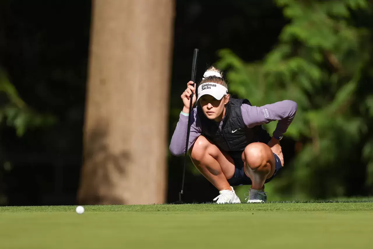 Nelly Korda of the United States looks over a putt on the 11th hole during the first round of the KPMG Women's PGA Championship at Sahalee Country Club on June 20, 2024 in Sammamish, Washington