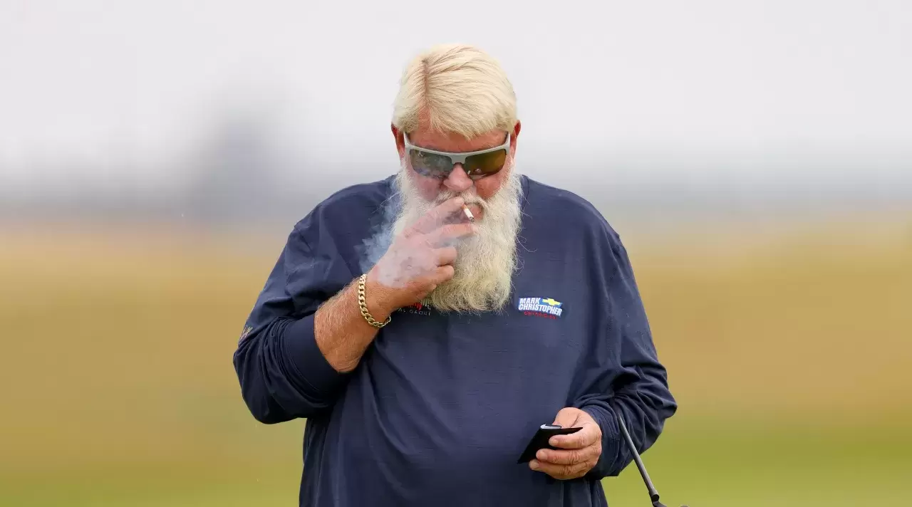 John Daly of the United States walks on the second hole during a practice round prior to The 152nd Open championship at Royal Troon on July 16, 2024 in Troon, Scotland