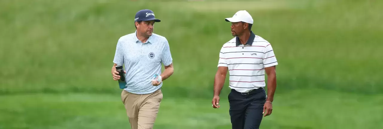Keegan Bradley Ryder Cup of the United States and Tiger Woods of the United States walk together during the second round of the 2024 PGA Championship at Valhalla Golf Club on May 17, 2024 in Louisville, Kentucky
