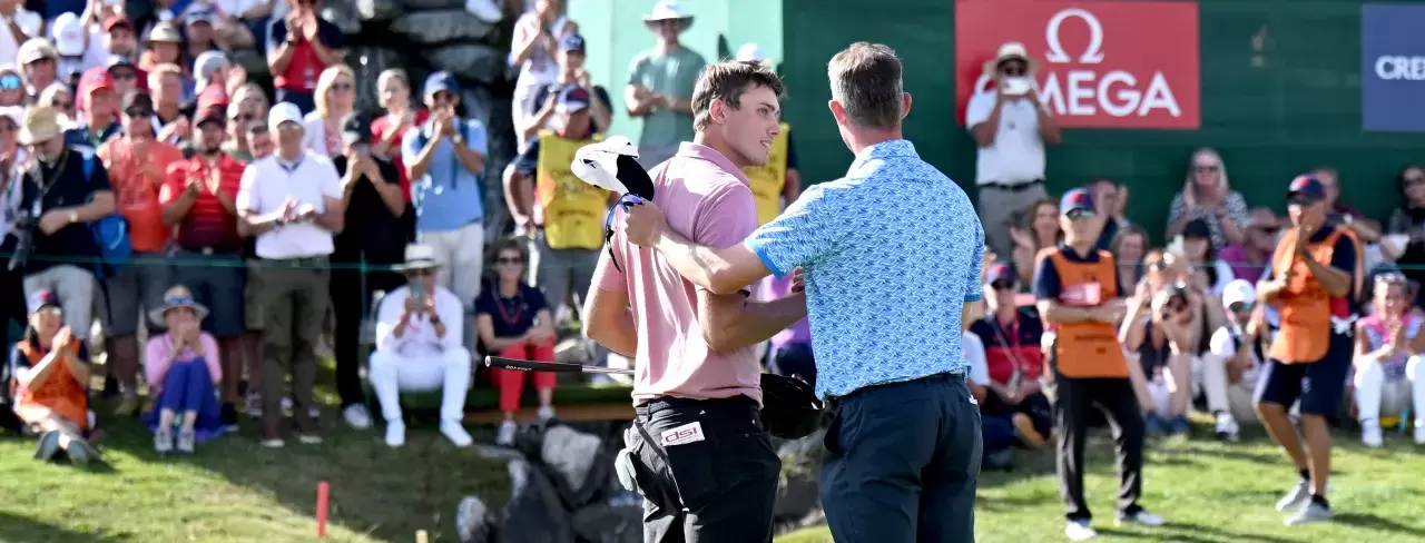 Omega European Masters Ludvig Aberg of Sweden shake hands with Alexander Bjork