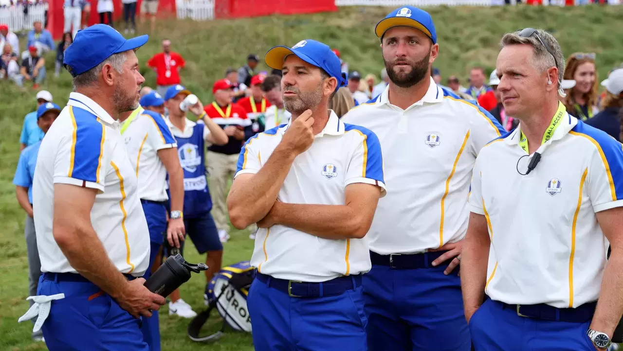 Sergio Garcia of Spain and team Europe, Jon Rahm of Spain and team Europe, and vice-captain Luke Donald of England 