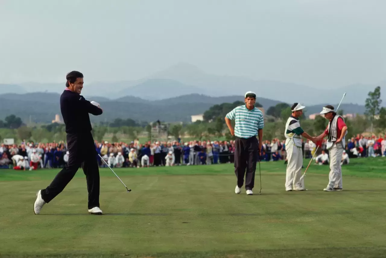 Spanish golfer Seve Ballesteros holes a six-foot putt to win the Turespana Open de Baleares at the Golf Santa Ponsa, Mallorca, Spain, 1992
