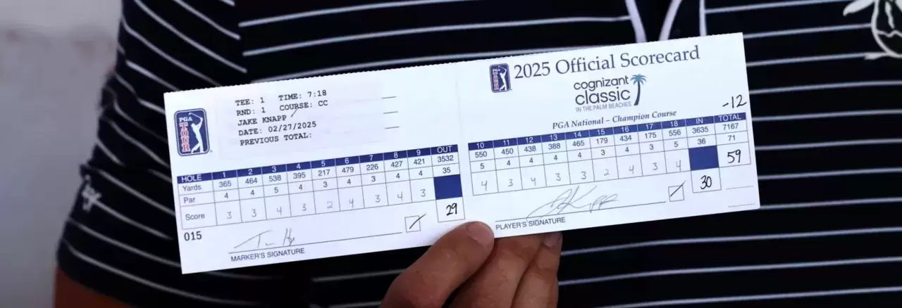 Jake Knapp scorecard after shooting a 59 Cognizant Classic in The Palm Beaches 2025 at PGA National Resort Photo by Mike Mulholland-Getty Images