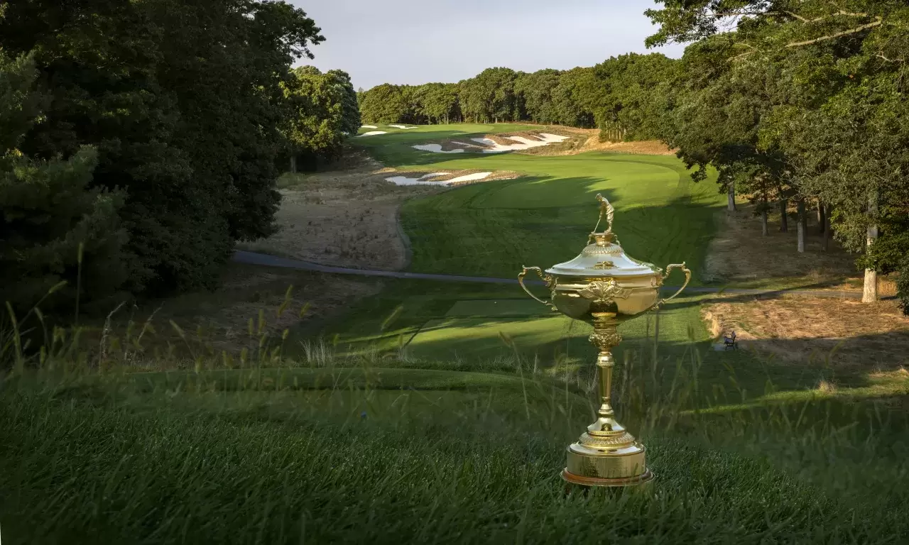 The Ryder Cup trophy is seen at the Bethpage Black Course host of the 2025 Ryder Cup