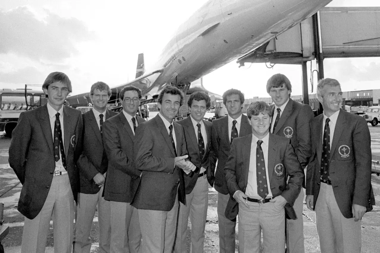 The British and European Ryder Cup Ken Brown; Sandy Lyle, Gordon Brand; captain Tony Jacklin, Bernard Gallacher; Jose-Maria Canizares; Ian Woosnam; Nick Faldo and Brian Waites