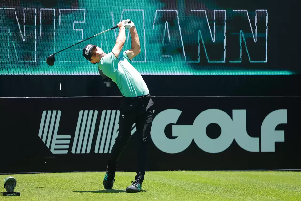 Joaquin Niemann of Torque GC plays his shot from the first tee during day three of LIV Golf Mexico City at Club de Golf Chapultepec Mexico