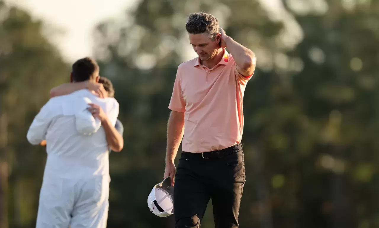 Justin Rose of England reacts after losing the playoff on the 18th green in the final round of the 2025 Masters Tournament at Augusta National Golf Club