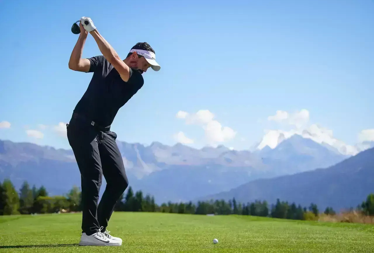Mike Lorenzo-Vera of France plays a shot on the seventh hole during the final round of the Omega European Masters at Crans-sur-Sierre Golf Club Crans-Montana Switzerland