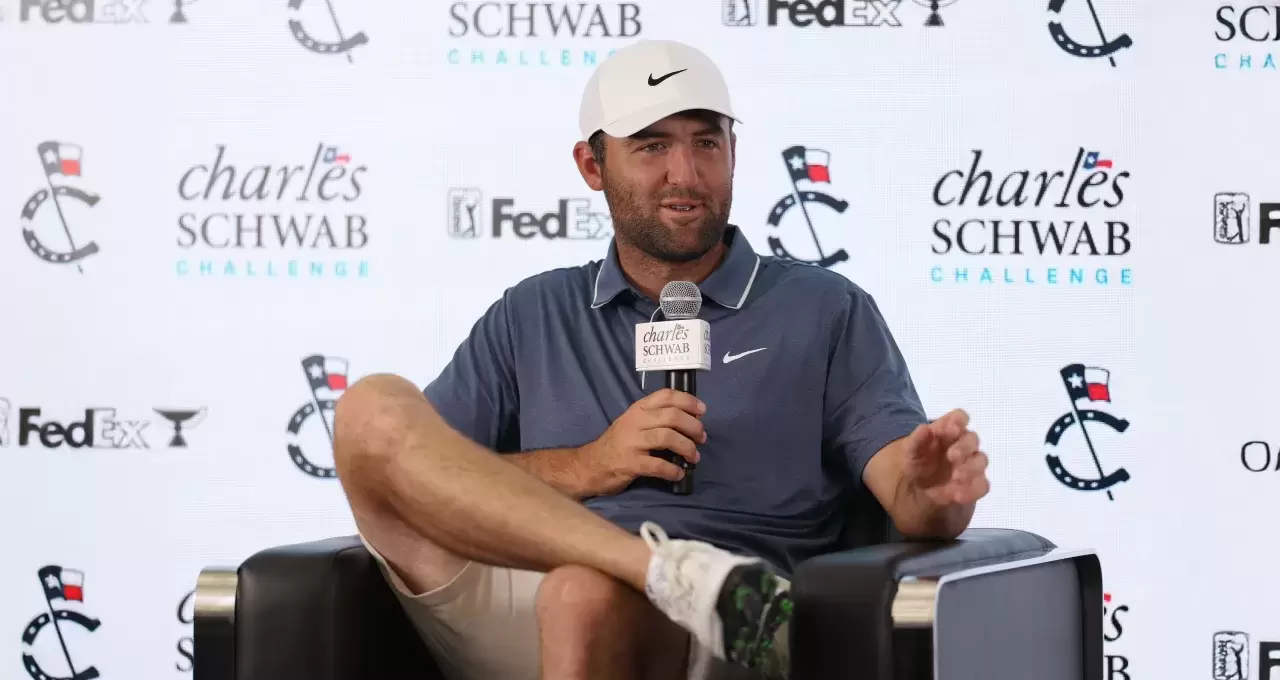 Scottie Scheffler of the United States answers questions from media after a practice round prior to the Charles Schwab Challenge 2025 at Colonial Country Club on MayFort Worth Texas