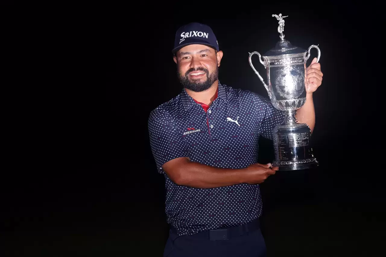 J. J. Spaun of the United States poses with the trophy after winning during the final round of the 125th U.S. OPEN at Oakmont Country Club on June 15, 2025 in Oakmont, Pennsylvania
