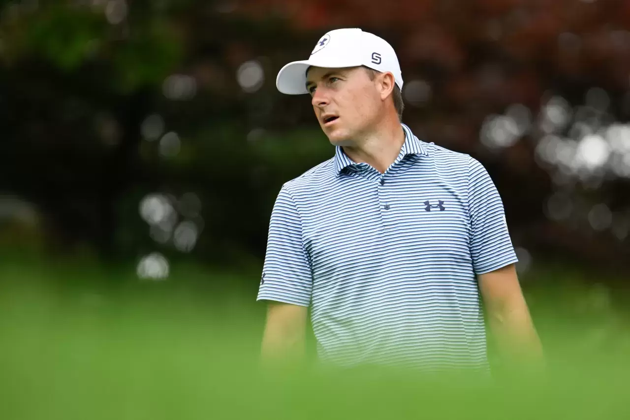 Jordan Spieth looks on at the eleventh hole prior to the Travelers Championship 2025 at TPC River Highlands 