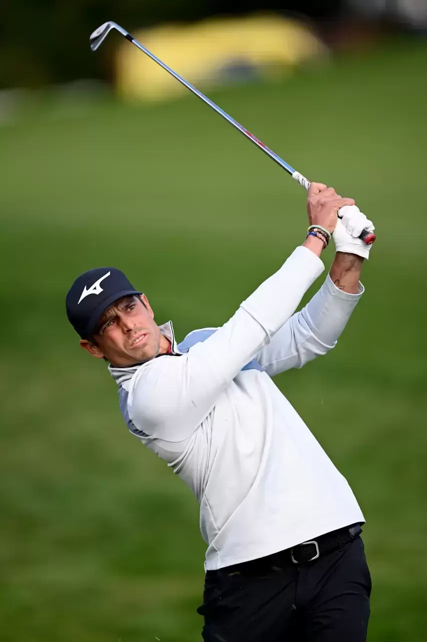 Adrien Saddier of France plays his second shot on the first hole on day three of the Omega European Masters 2025 at Crans-sur-Sierre Golf Club on House of Swiss Golf.