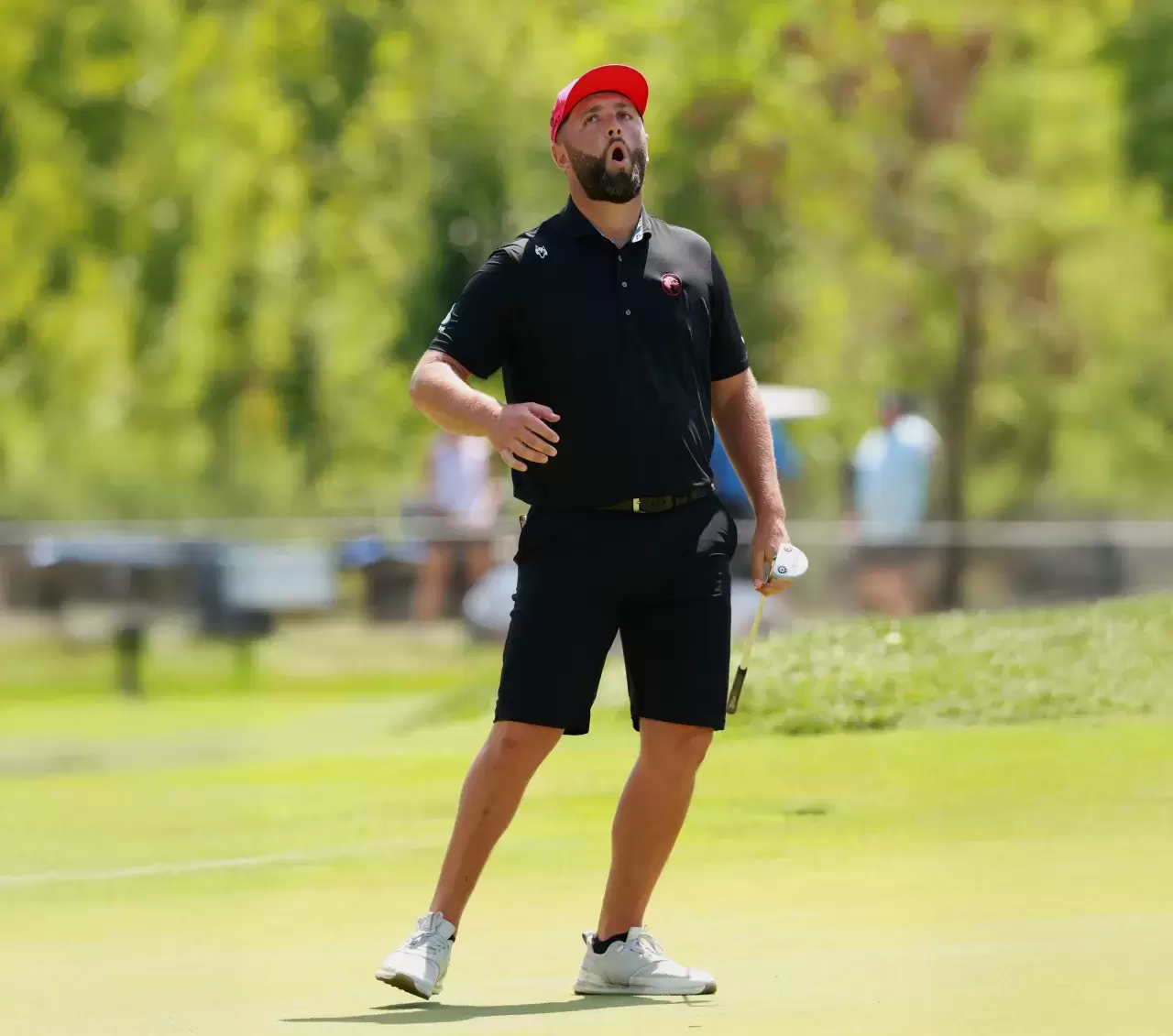 Jon Rahm of Legion XIII reacts on the 12th green on day three of LIV Golf Indianapolis at The Club at Chatham Hills on August 17, 2025 in Westfield, Indiana