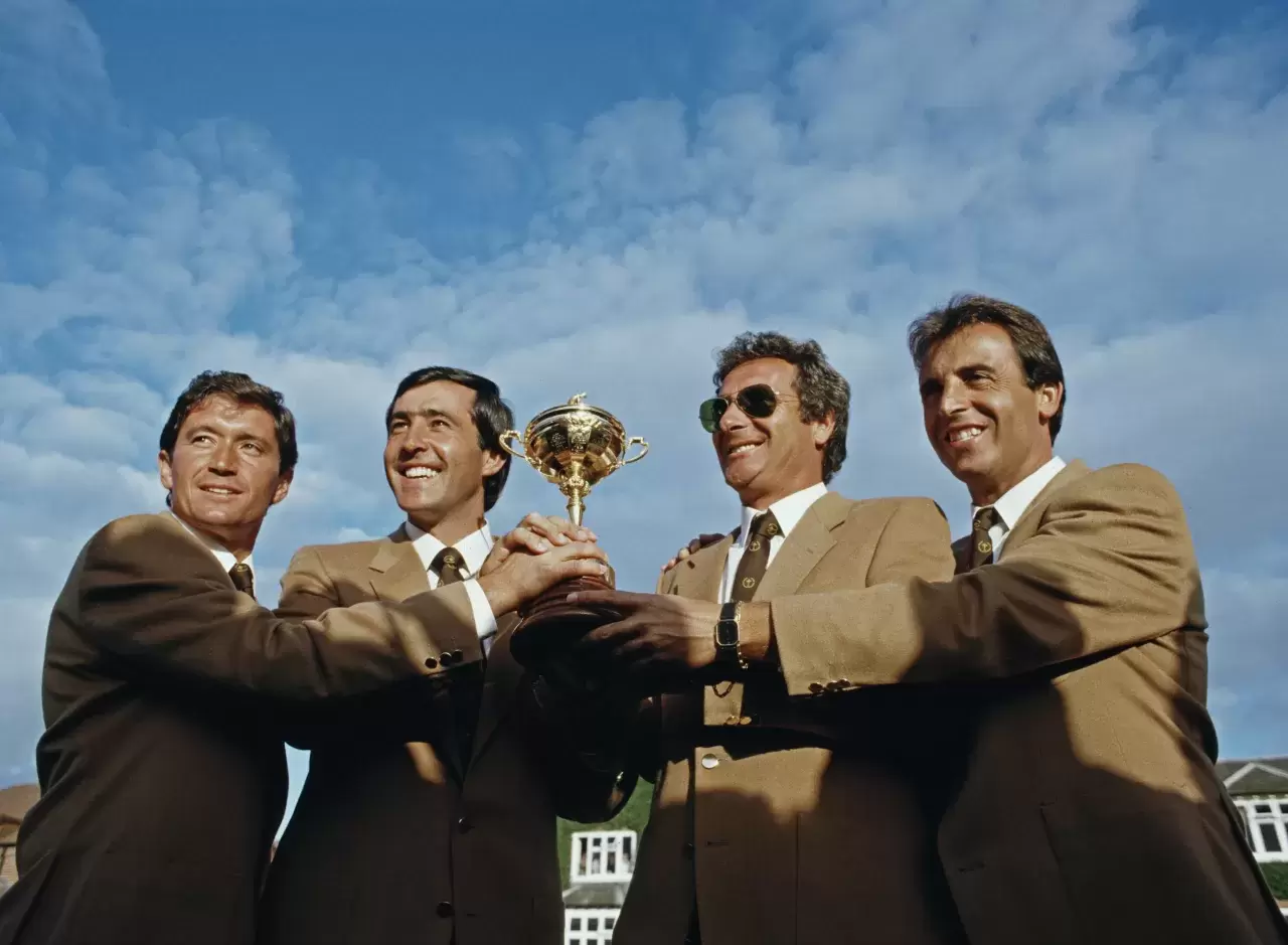 Manuel Pinero, Severiano Ballesteros, Jose Maria Canizares and Jose Rivero of Spain celebrate Europe winning the 26th Ryder Cup Matches 16½ to 11½ points against the United States on 15 September 19852