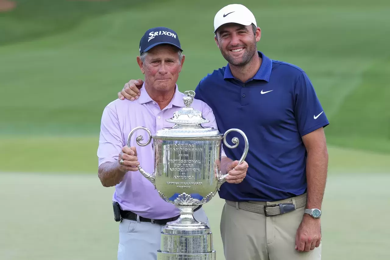 Scottie Scheffler Wanamaker Trophy Randy Smith 2025 PGA Championship at Quail Hollow Country Club Charlotte North Carolina