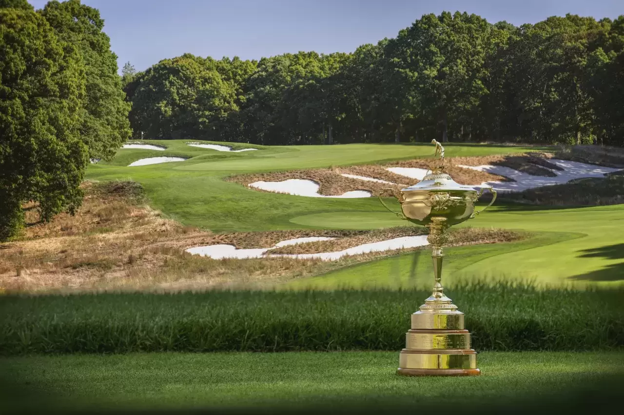 The Ryder Cup trophy is seen at the Bethpage Black Course host of the 2025 Ryder Cup on September 19, 2022 in Farmingdale, New York