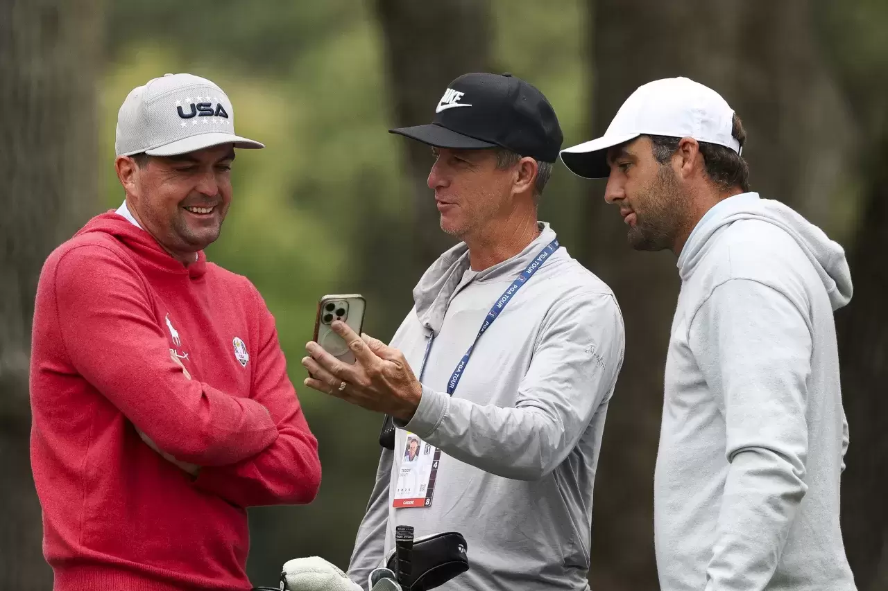 Keegan Bradley Ted Scott caddie Scottie Scheffler shows a video to Keegan Bradley on the 17th hole tee box prior to the Procore Championship 2025 at Silverado Resort and Spa 2025 in Napa California