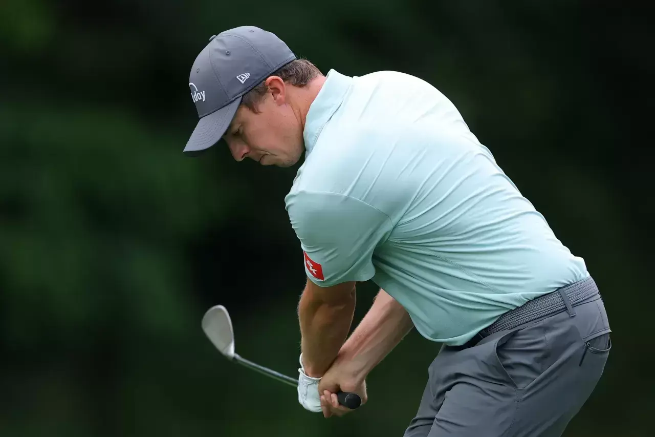 Matt Fitzpatrick of England hits a chip shot on the 12th hole prior to the PGA Championship at Quail Hollow Country Club on May 14, 2025 in Charlotte, North Carolina