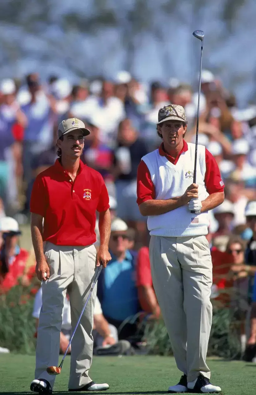 Steve Pate and  Corey Pavin desert Storm caps for the War on the Shore during the Saturday Afternoon Fourballs of the Ryder Cup at Kiawah Island in South Carolina USA Mandatory Credit Stephen Munday Allsport