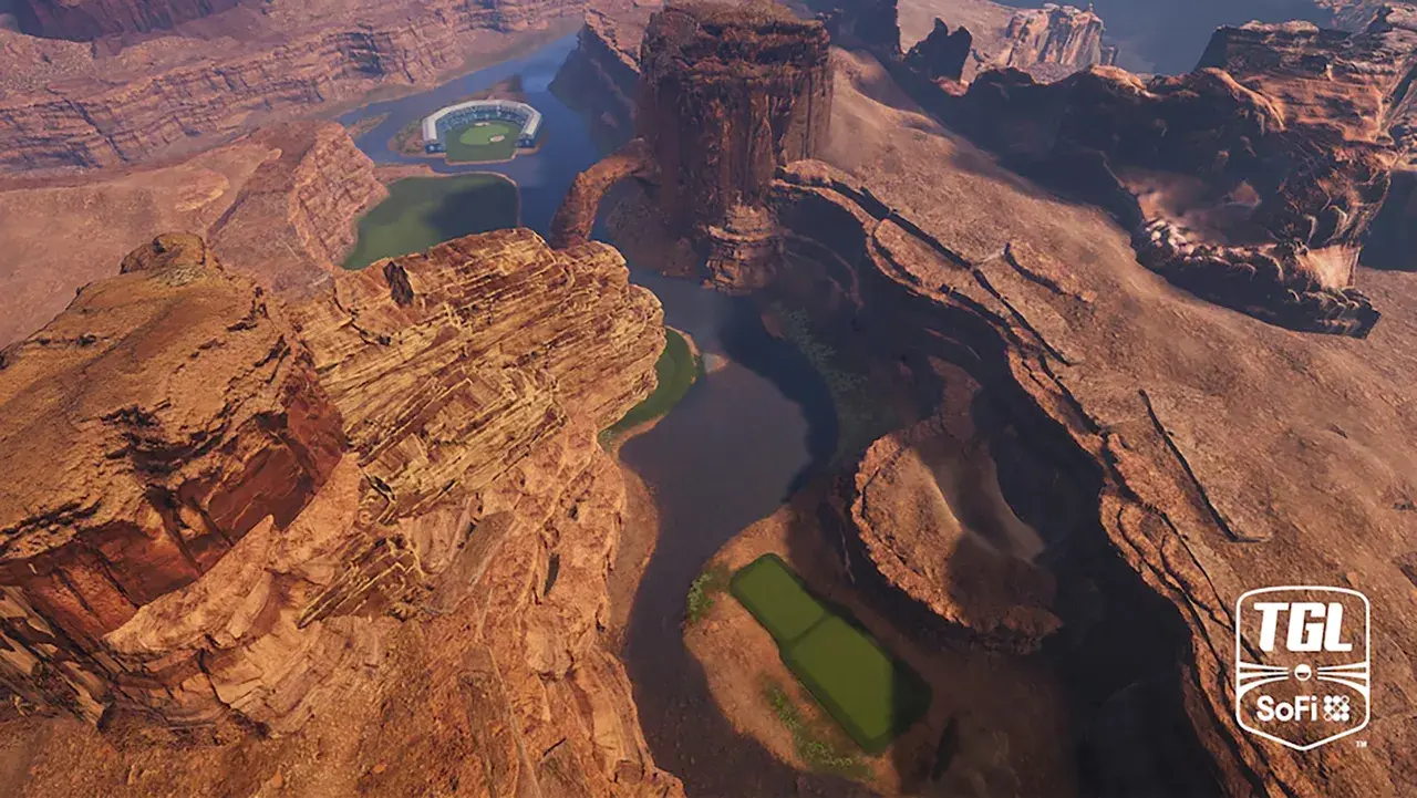 Das neue Loch Stinger in TGL zwingt Spieler dazu, ihre Abschläge unter einem Torbogen hindurch zu spielen. (TGL-Grafik)