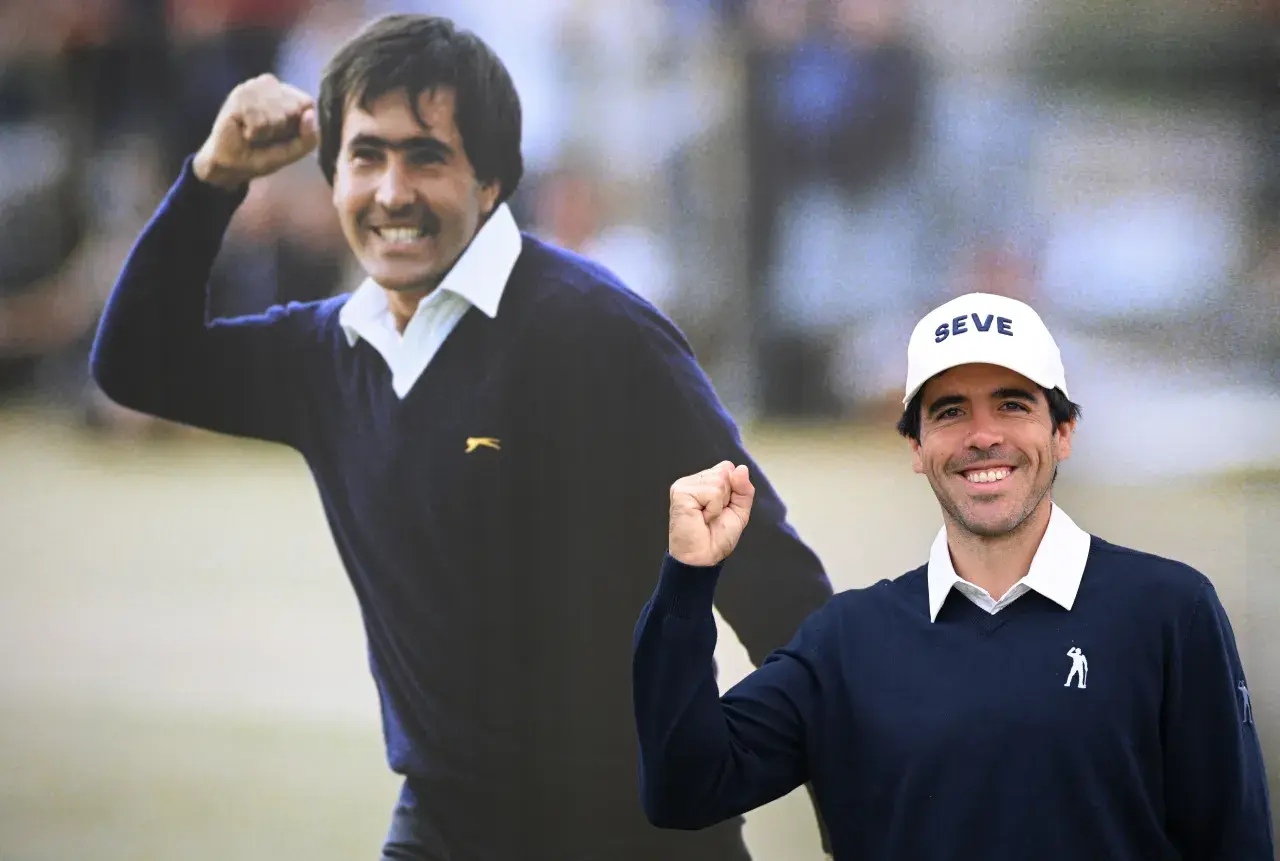 Javier Ballesteros of Spain poses for a photo in front of an image of his father Seve Ballesteros on the anniversary of his passing, on day one of the Estrella Damm Catalunya Championship 2026