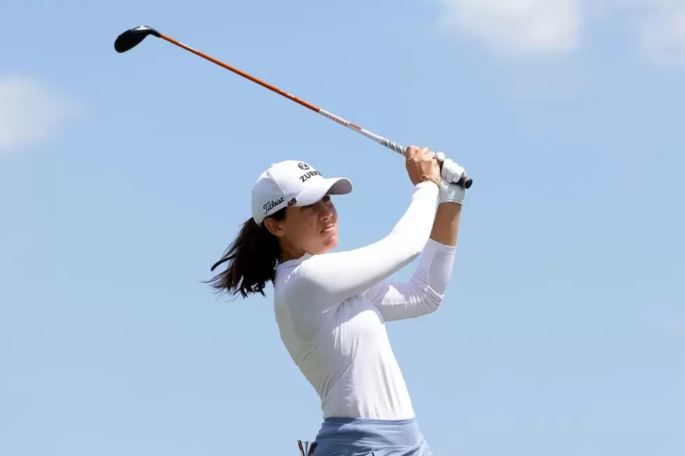 Olympics 2024 Albane Valenzuela of Switzerland plays her shot from the seventh tee during the first round of the ShopRite LPGA Classic Presented by Acer at Seaview Bay Course on June 