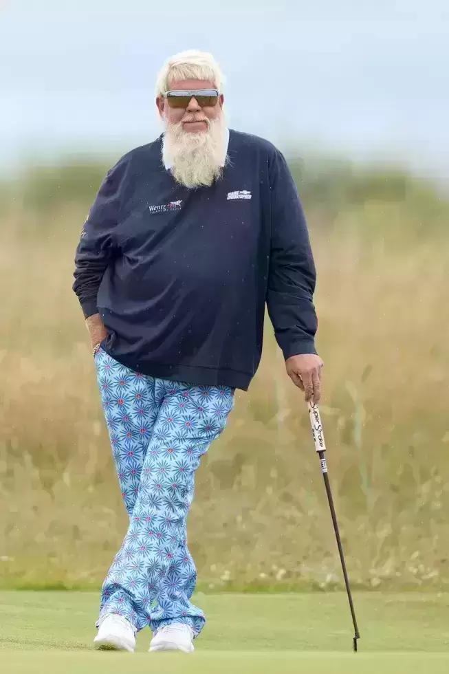 John Daly of the United States walks on the second hole during a practice round prior to The 152nd Open championship at Royal Troon on July 16, 2024 in Troon, Scotland