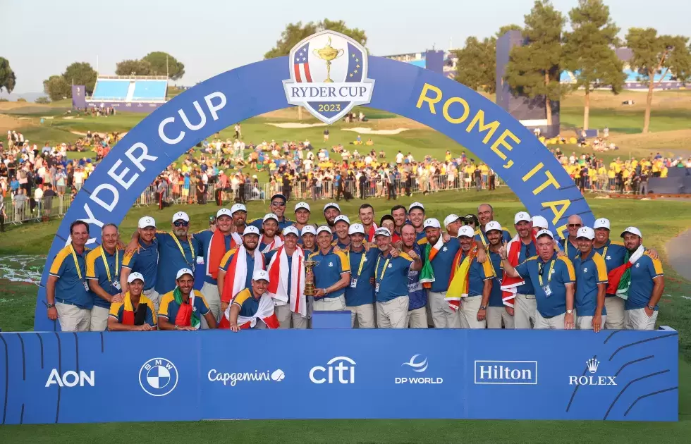 Luke Donald, Captain of Team Europe, lifts the Ryder Cup trophy following victory with 16 and a half to 11 and a half win during the 2023 Ryder Cup at Marco Simone Golf Club on October 01, 2023 in Rome, Italy.
